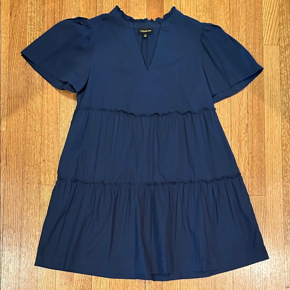 Navy Tiered Ruffle Neck Short Sleeve Dress Size Medium - Picture 12 of 16